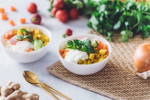 RICE AND VEGGIE BOWL WITH LENTIL DAHL AND YOGURT RECIPE